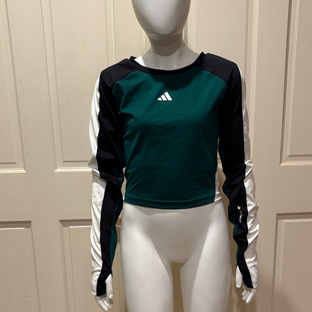 Adidas Black and Green Long Sleeve Open Back Shirt